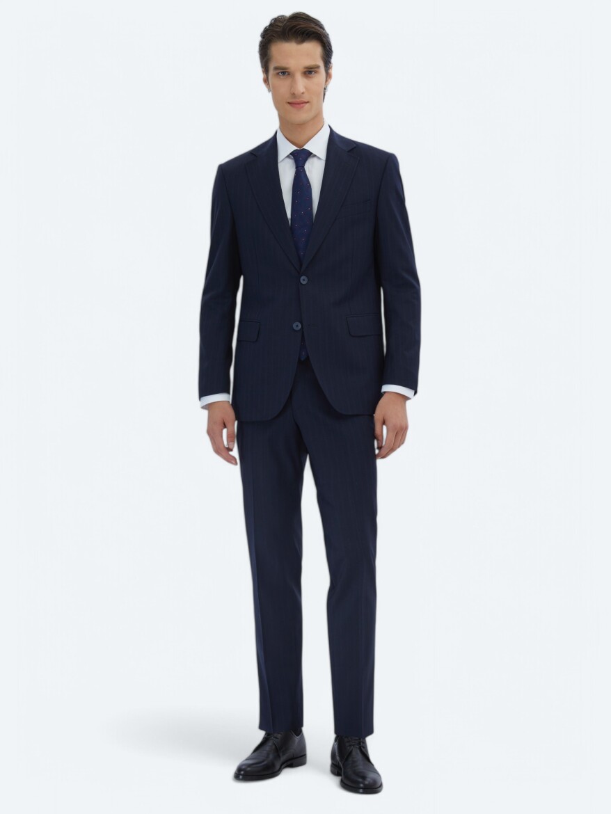 Lacivert Çizgili Modern Fit Yün Karışımlı Takım Elbise - KİP