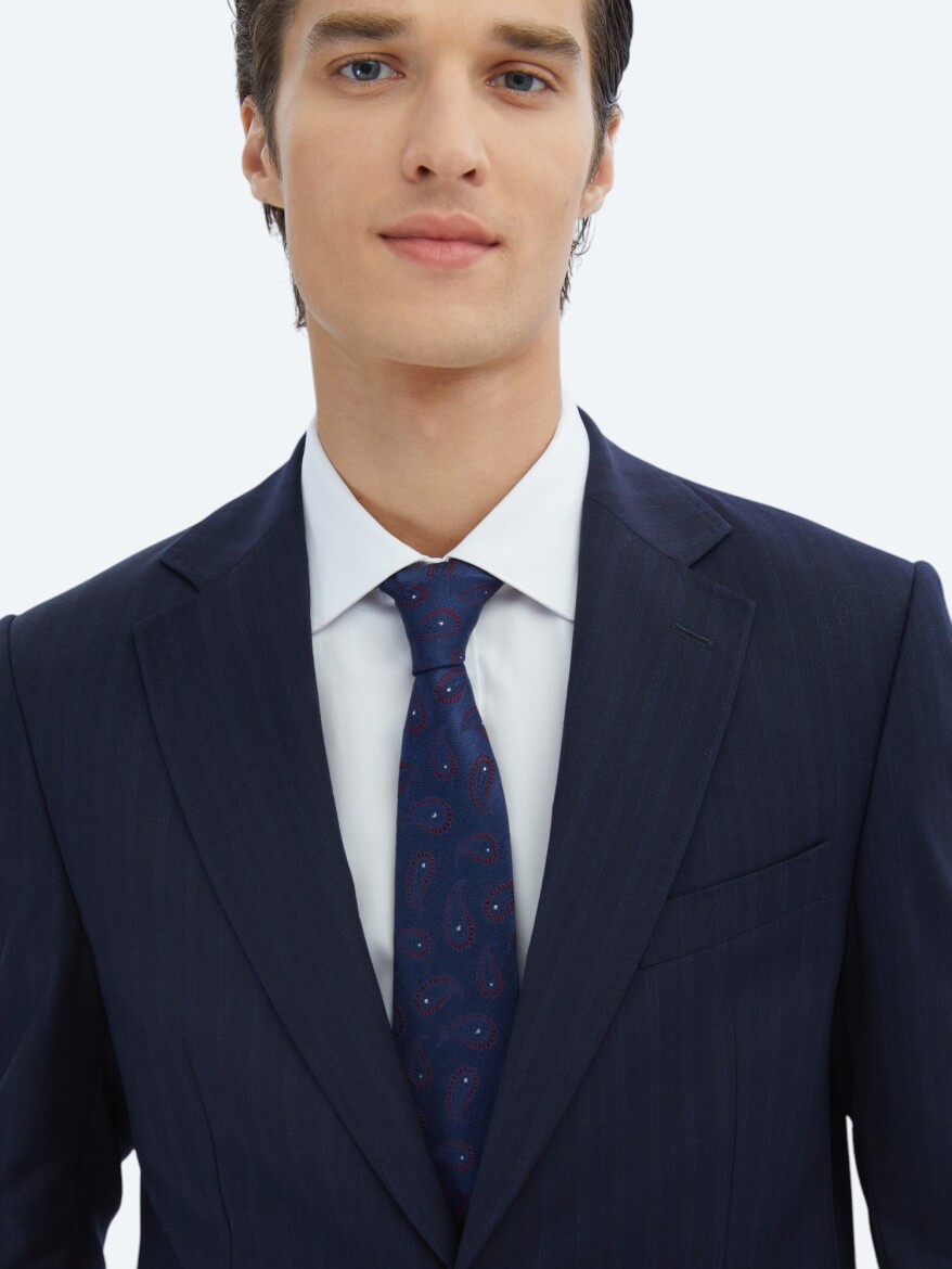 Lacivert Çizgili Modern Fit Yün Karışımlı Takım Elbise - 3