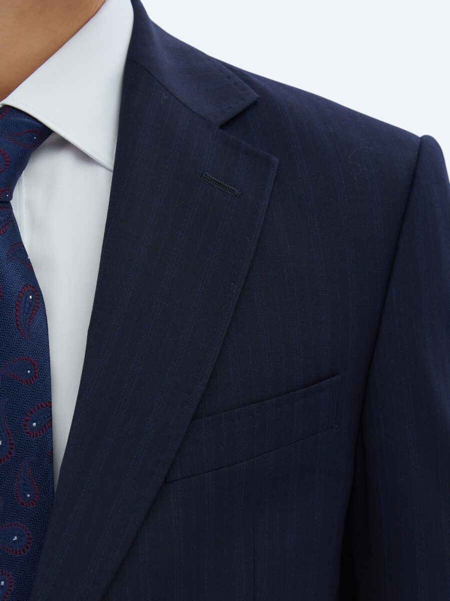 Lacivert Çizgili Modern Fit Yün Karışımlı Takım Elbise - 4