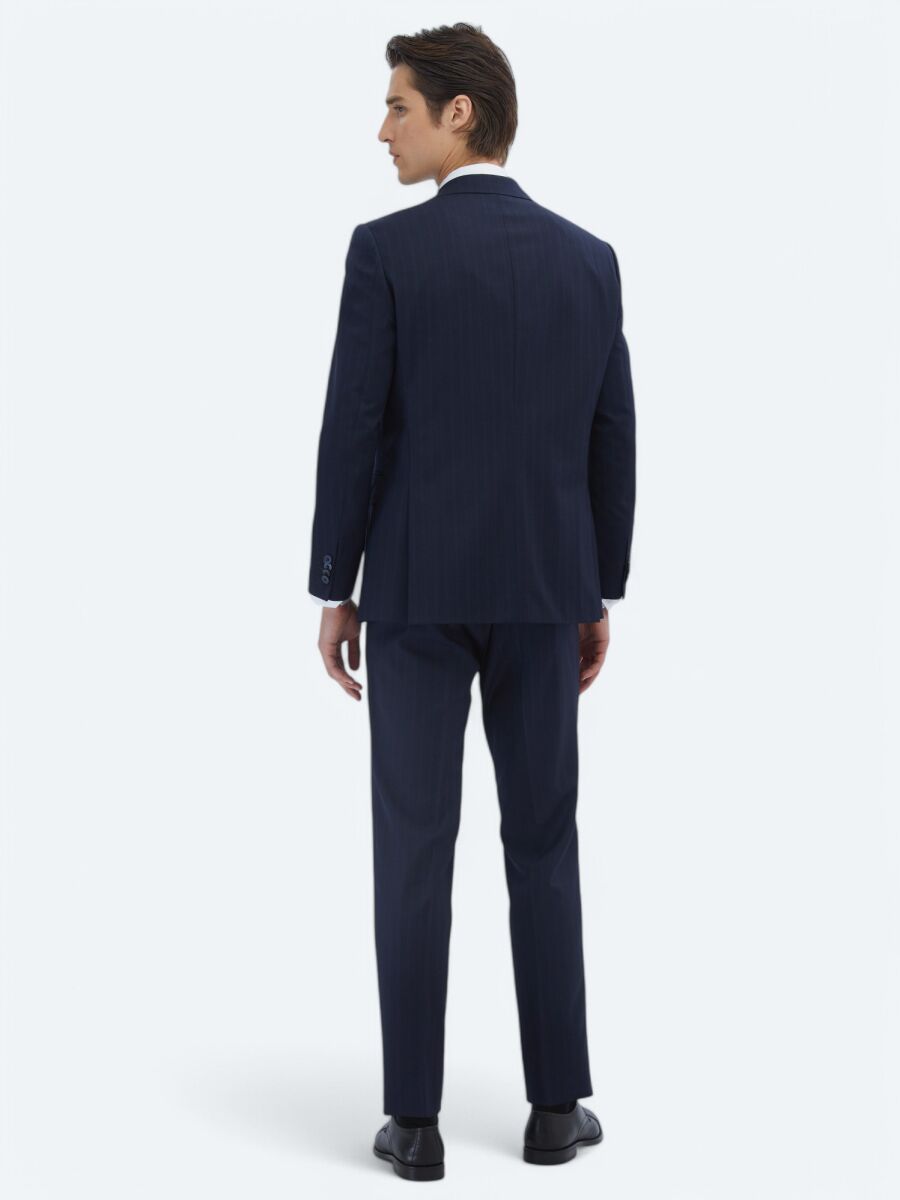 Lacivert Çizgili Modern Fit Yün Karışımlı Takım Elbise - 5