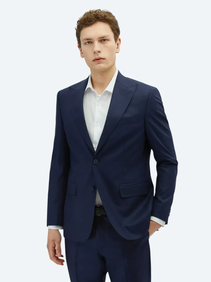 Lacivert Çizgili Modern Fit Yün Karışımlı Takım Elbise - 1