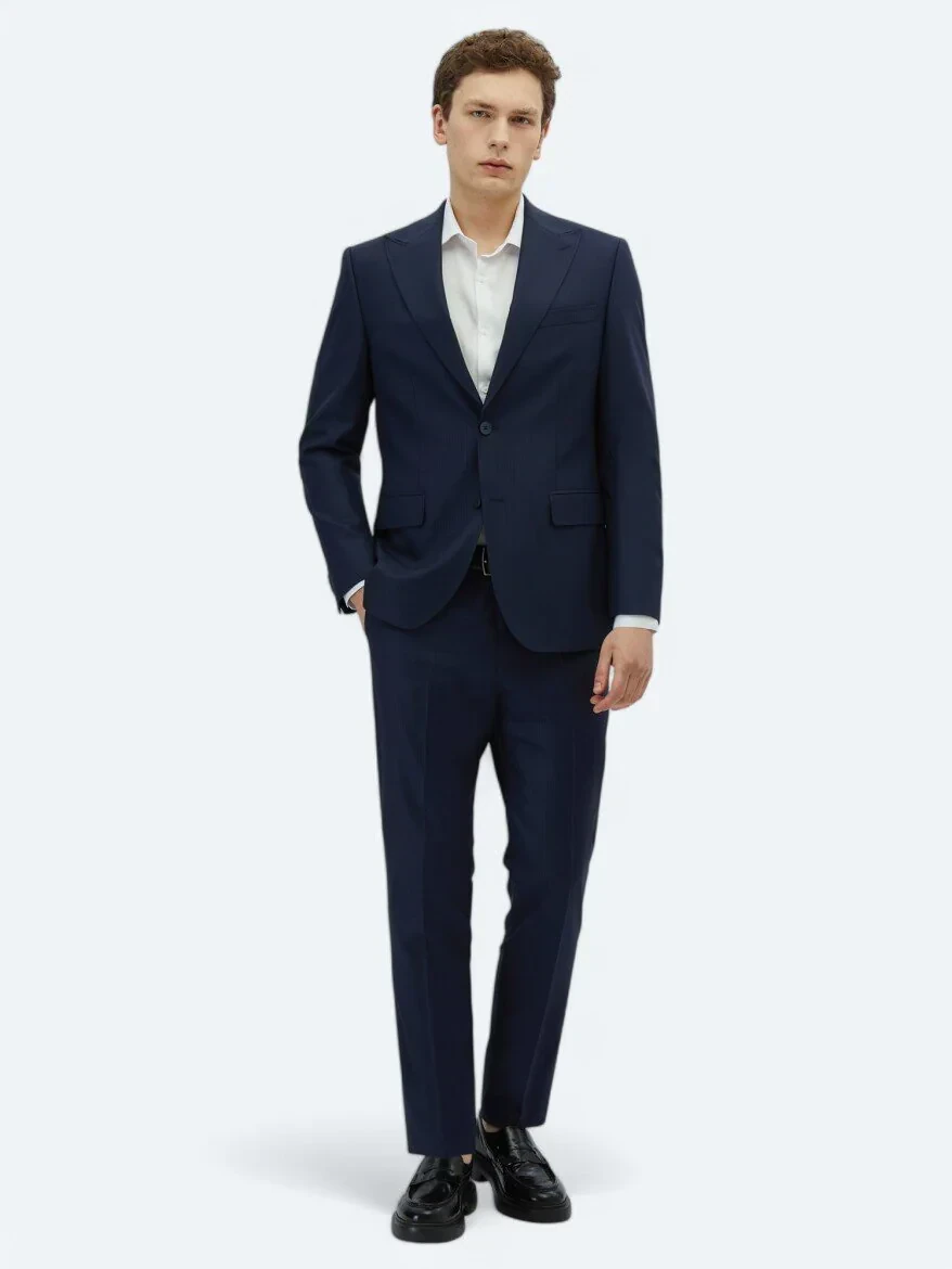 Lacivert Çizgili Modern Fit Yün Karışımlı Takım Elbise - 2
