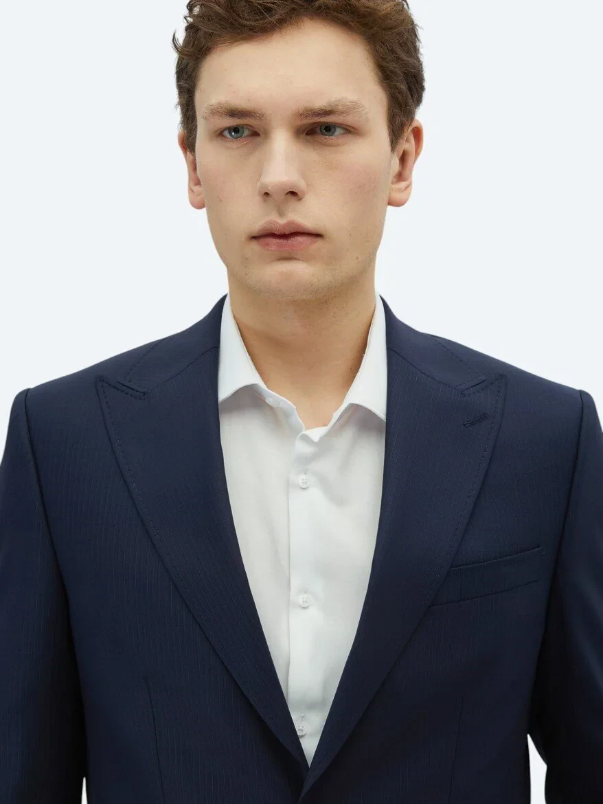 Lacivert Çizgili Modern Fit Yün Karışımlı Takım Elbise - 3