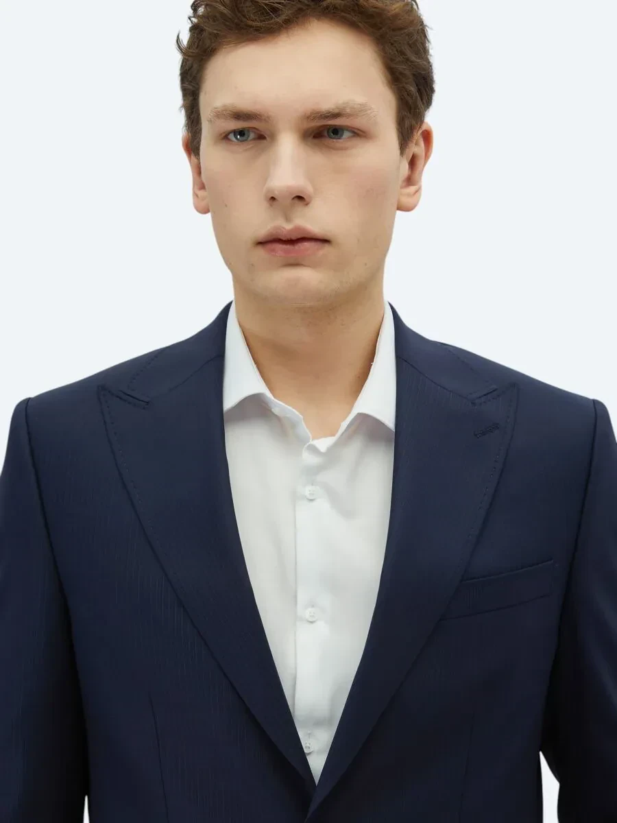 Lacivert Çizgili Modern Fit Yün Karışımlı Takım Elbise - 3
