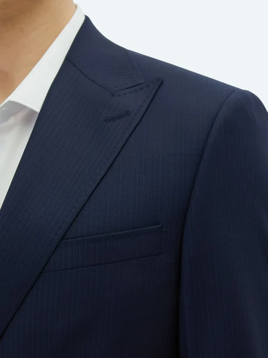 Lacivert Çizgili Modern Fit Yün Karışımlı Takım Elbise - 4