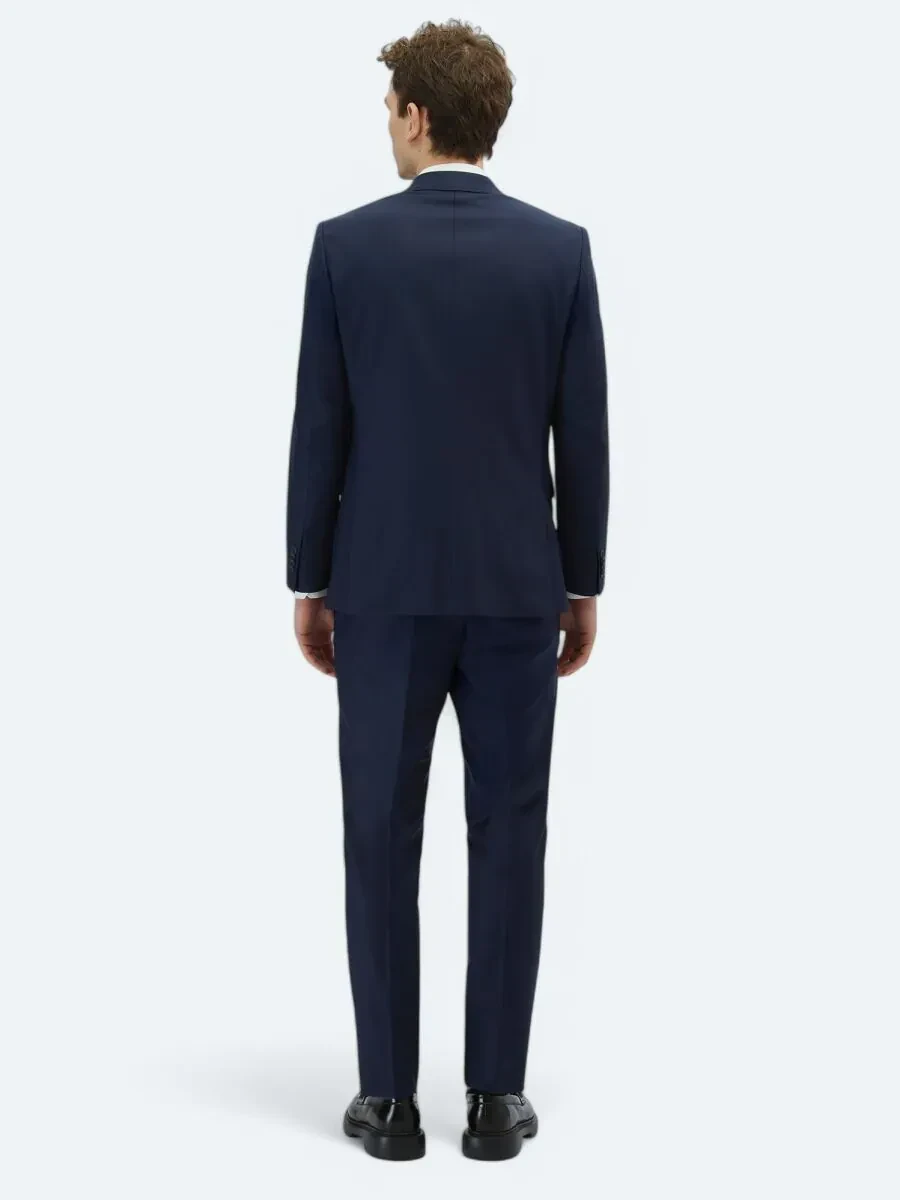 Lacivert Çizgili Modern Fit Yün Karışımlı Takım Elbise - 5