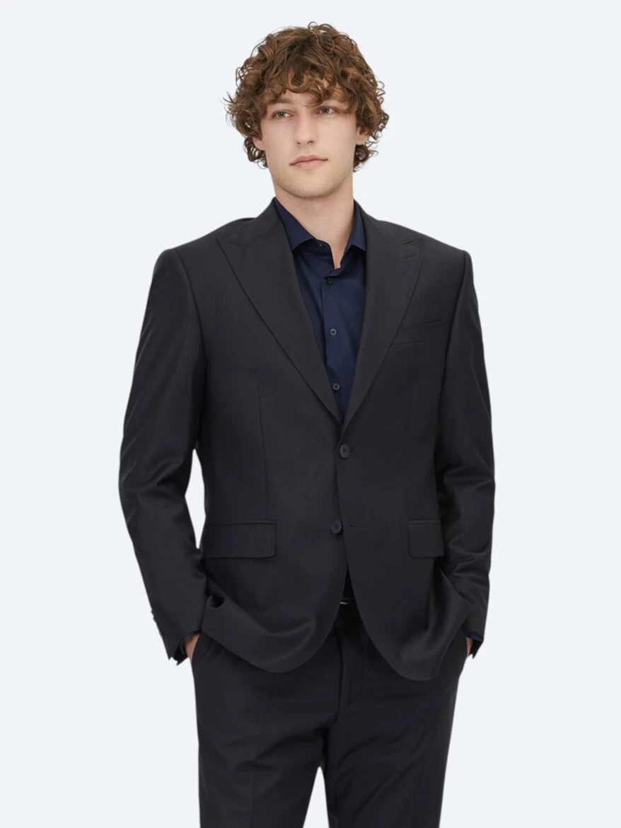 Lacivert Çizgili Modern Fit Yün Karışımlı Takım Elbise - KİP