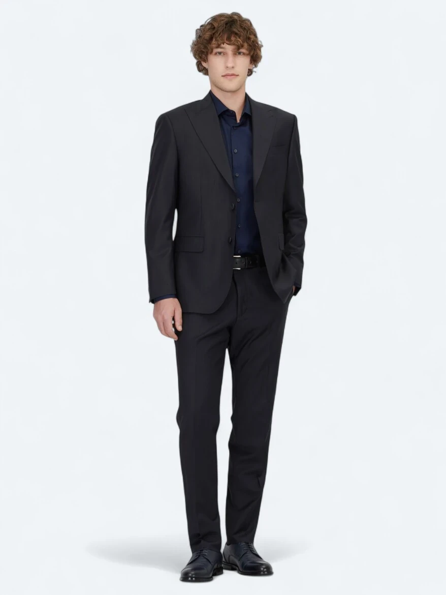 Lacivert Çizgili Modern Fit Yün Karışımlı Takım Elbise - KİP