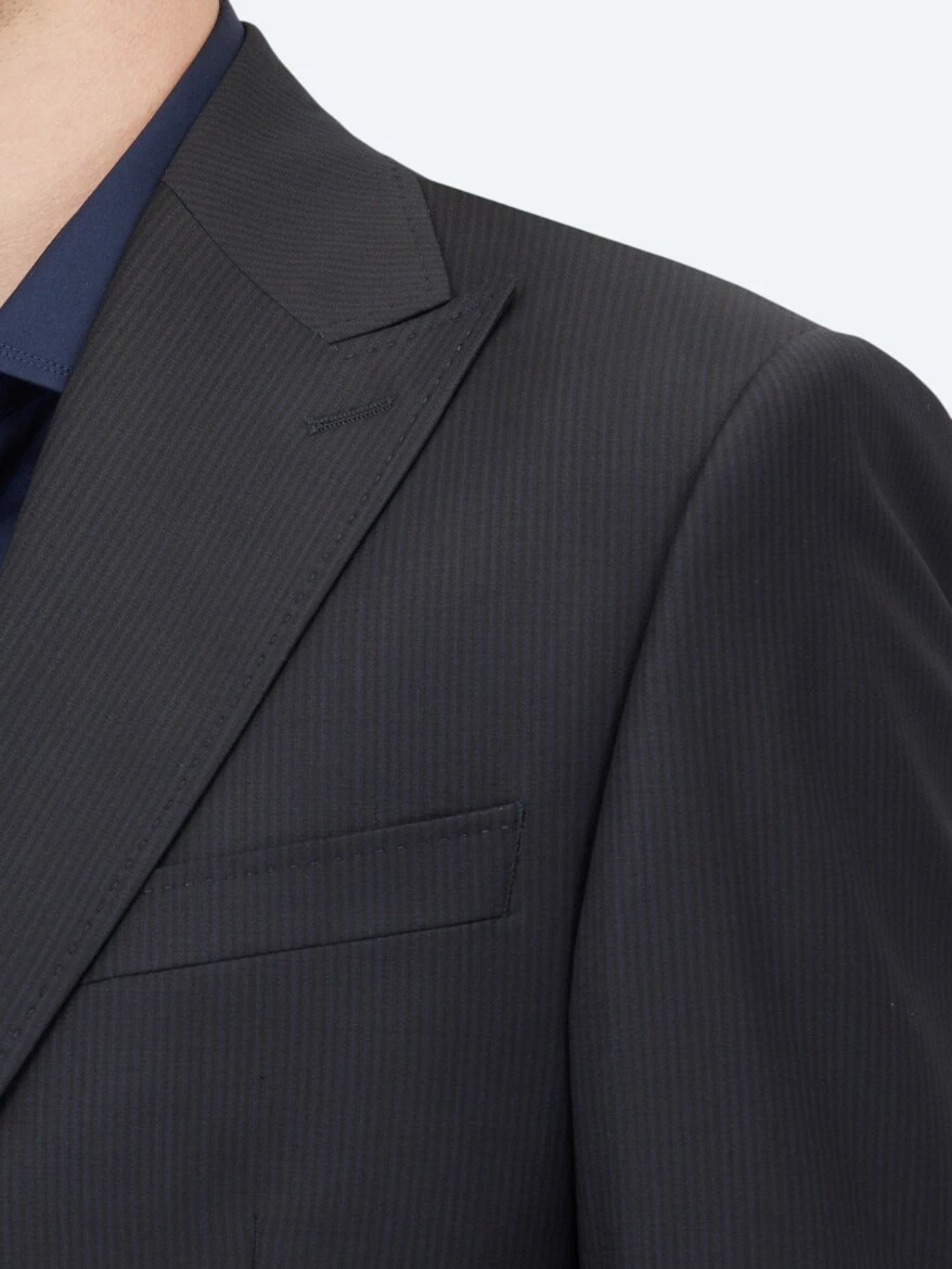 Lacivert Çizgili Modern Fit Yün Karışımlı Takım Elbise - KİP