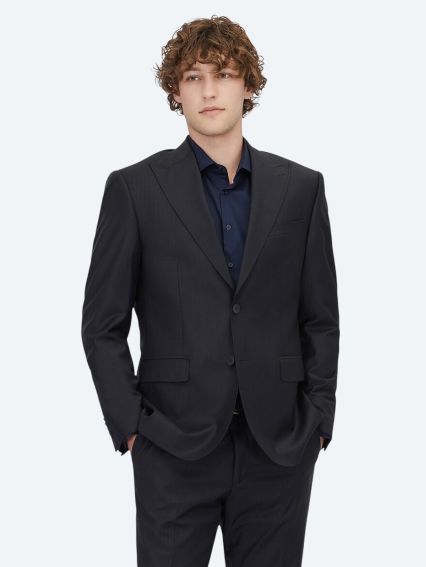 Lacivert Çizgili Modern Fit Yün Karışımlı Takım Elbise - 1
