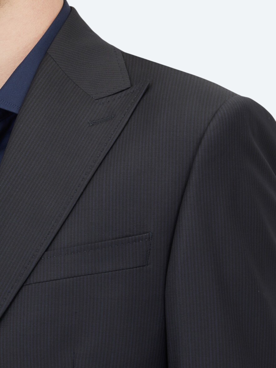 Lacivert Çizgili Modern Fit Yün Karışımlı Takım Elbise - 4