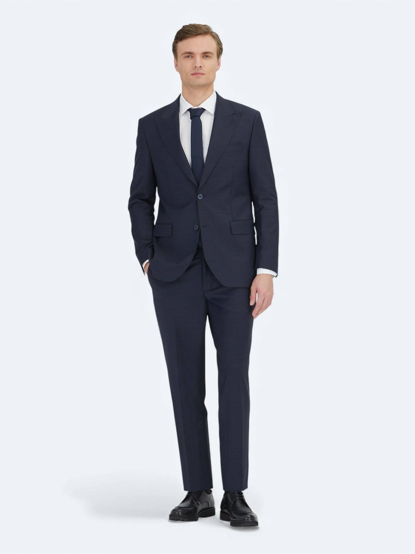 Lacivert Çizgili Modern Fit Yün Karışımlı Takım Elbise