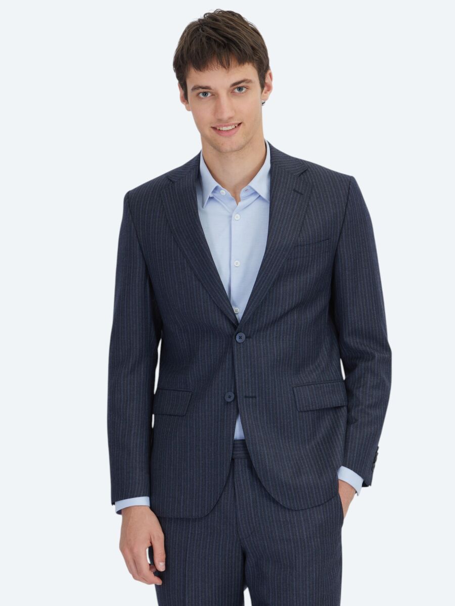 Lacivert Çizgili Modern Fit Yün Karışımlı Takım Elbise - 1