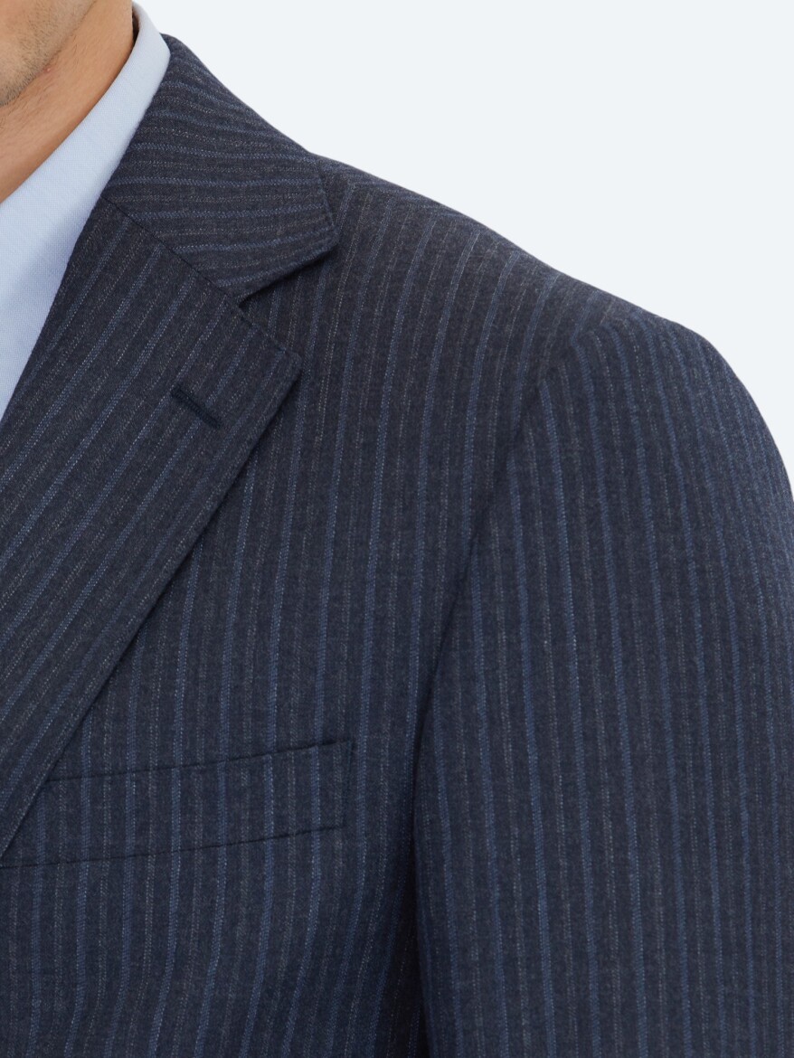 Lacivert Çizgili Modern Fit Yün Karışımlı Takım Elbise - 5