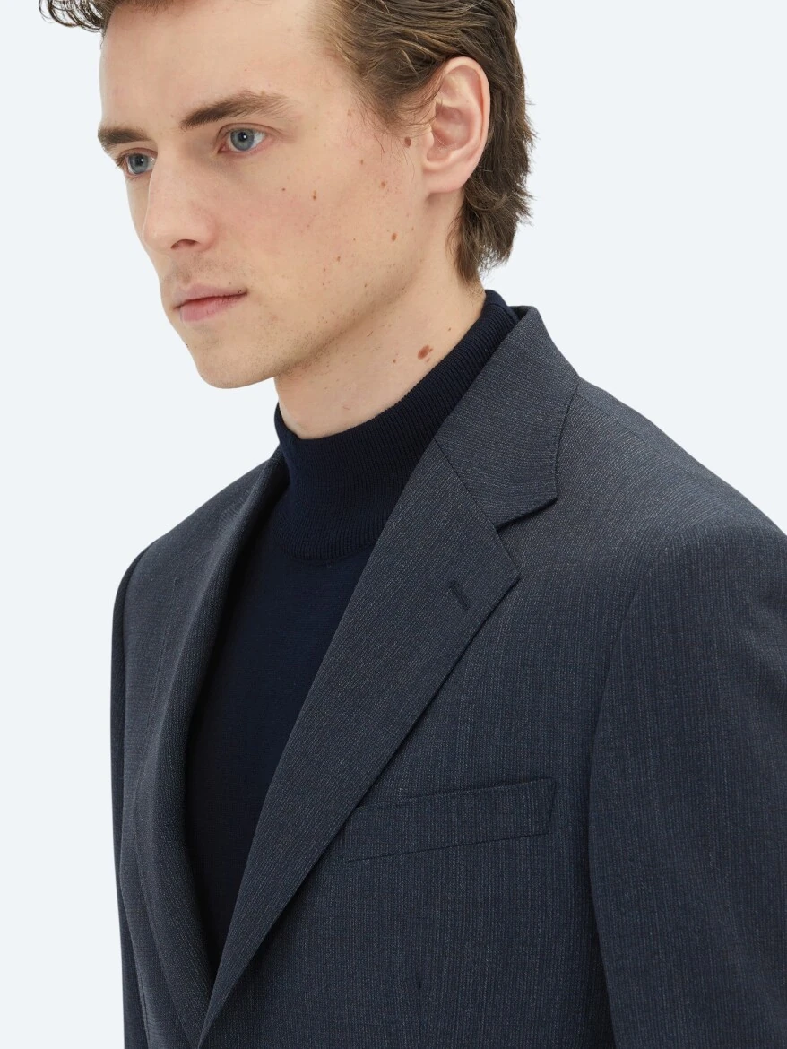 Lacivert Çizgili Modern Fit Yün Karışımlı Takım Elbise - 4