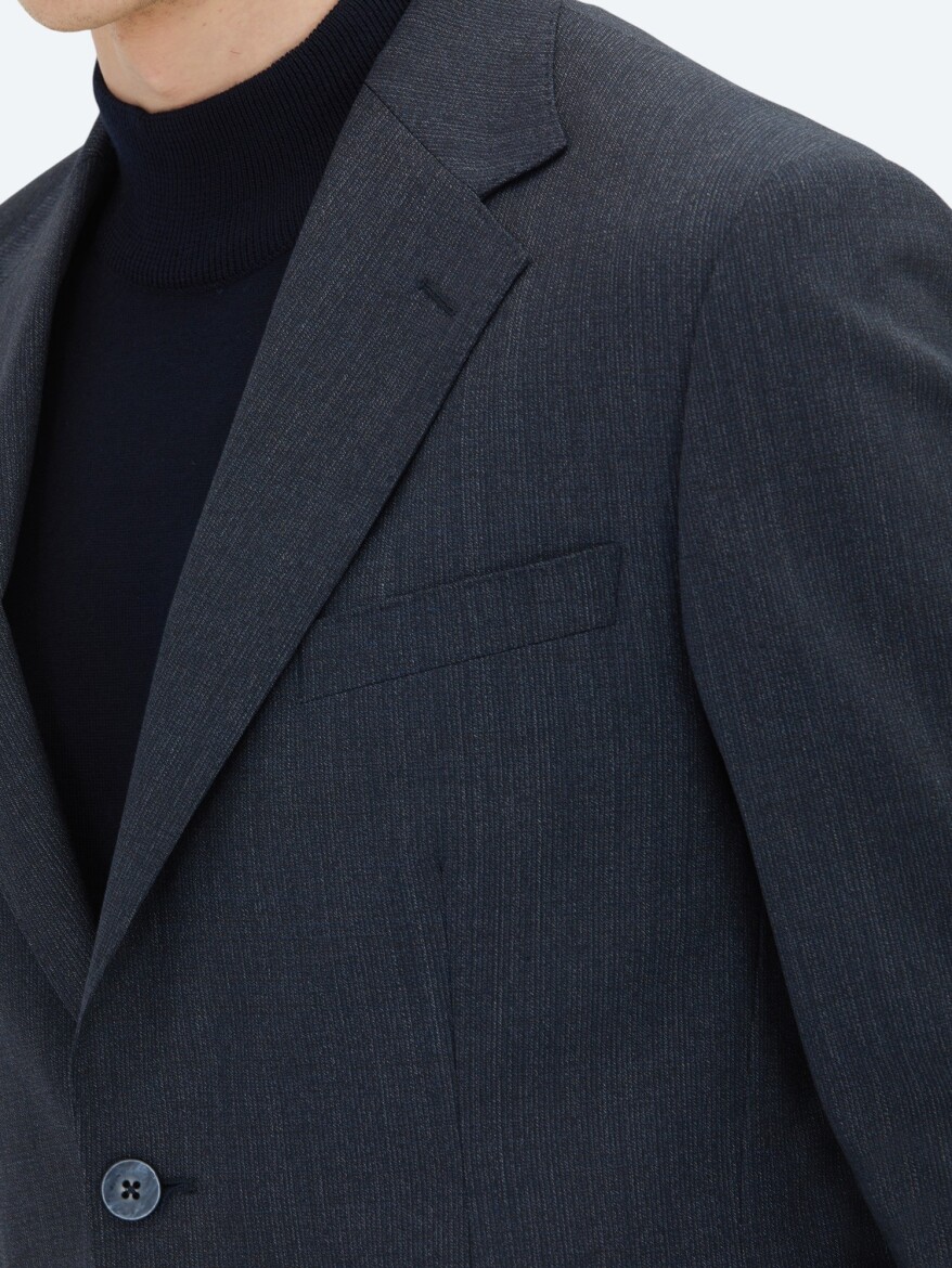 Lacivert Çizgili Modern Fit Yün Karışımlı Takım Elbise - 5