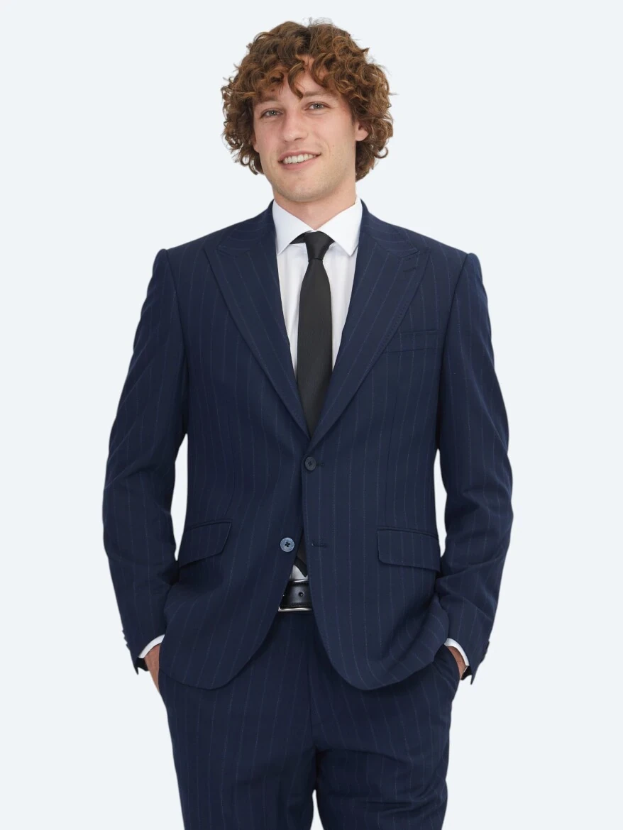 Lacivert Çizgili Modern Fit Yün Karışımlı Takım Elbise - 1