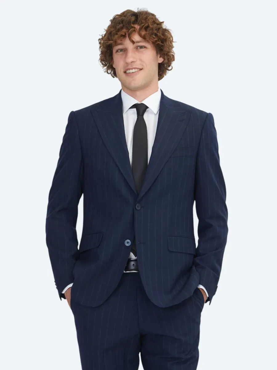 Lacivert Çizgili Modern Fit Yün Karışımlı Takım Elbise - 1