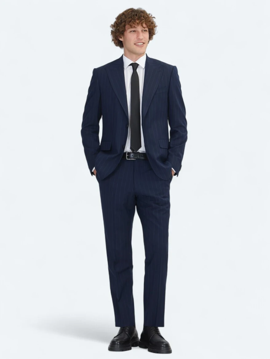 Lacivert Çizgili Modern Fit Yün Karışımlı Takım Elbise - 2