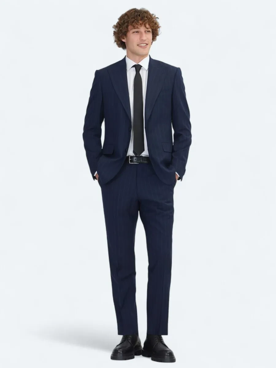 Lacivert Çizgili Modern Fit Yün Karışımlı Takım Elbise - 2