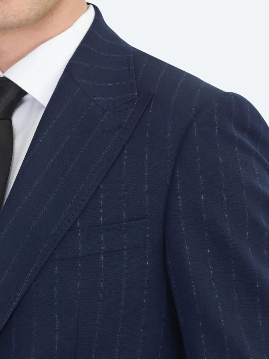 Lacivert Çizgili Modern Fit Yün Karışımlı Takım Elbise - 4