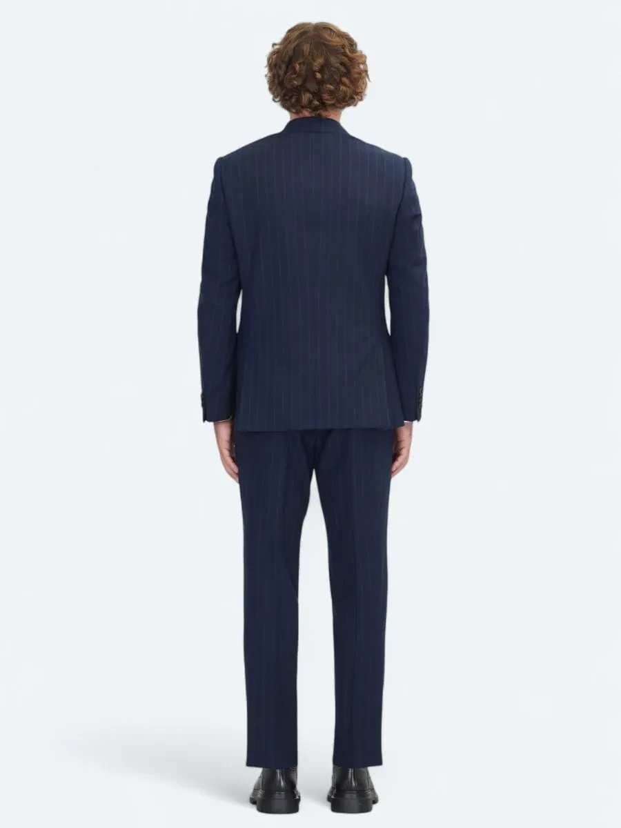 Lacivert Çizgili Modern Fit Yün Karışımlı Takım Elbise - 5