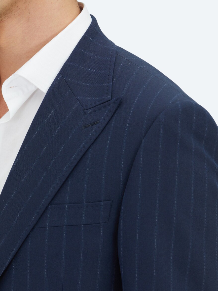 Lacivert Çizgili Modern Fit Yün Karışımlı Takım Elbise - 4