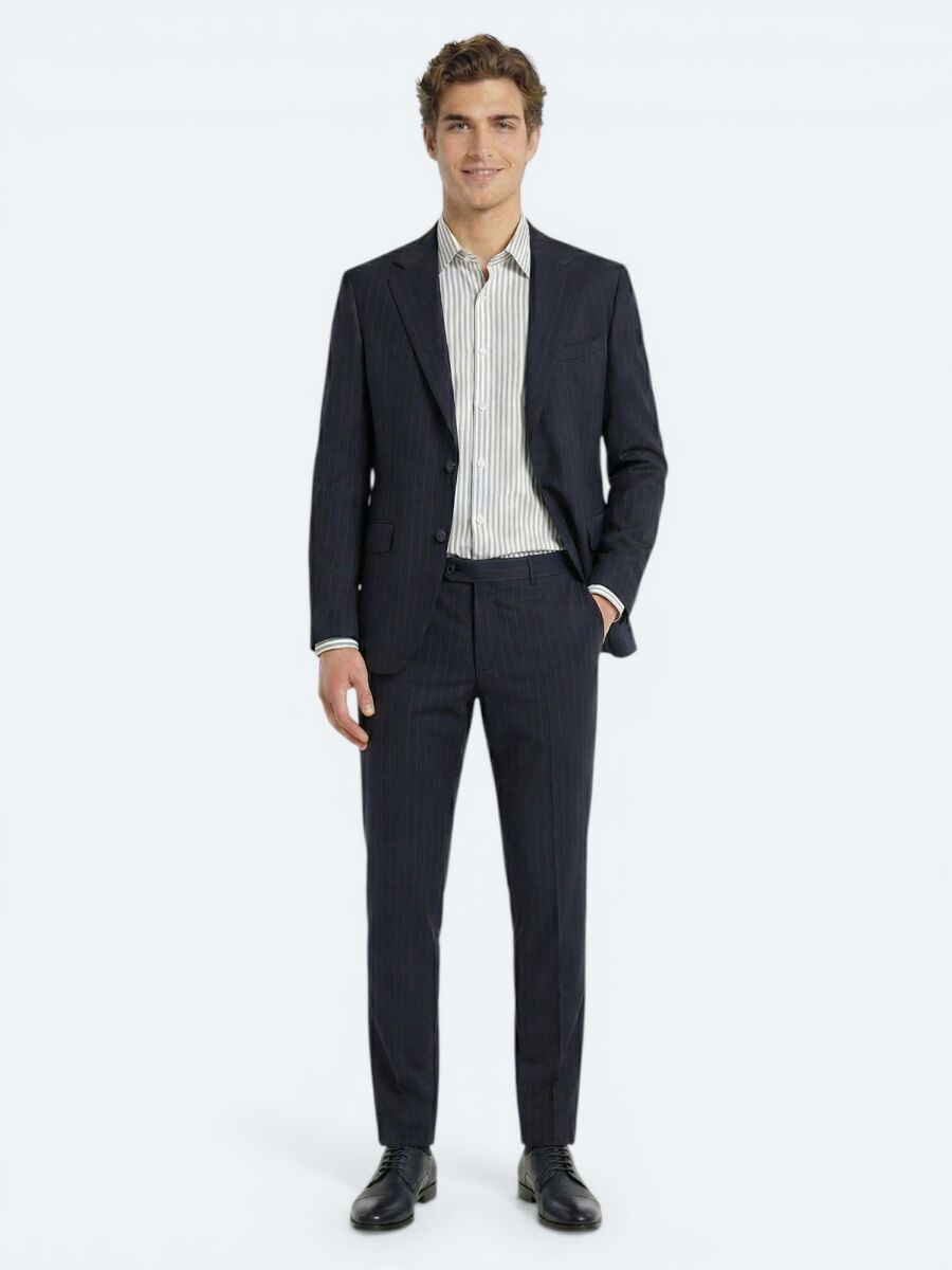 Lacivert Çizgili Modern Fit Yün Karışımlı Takım Elbise - 4