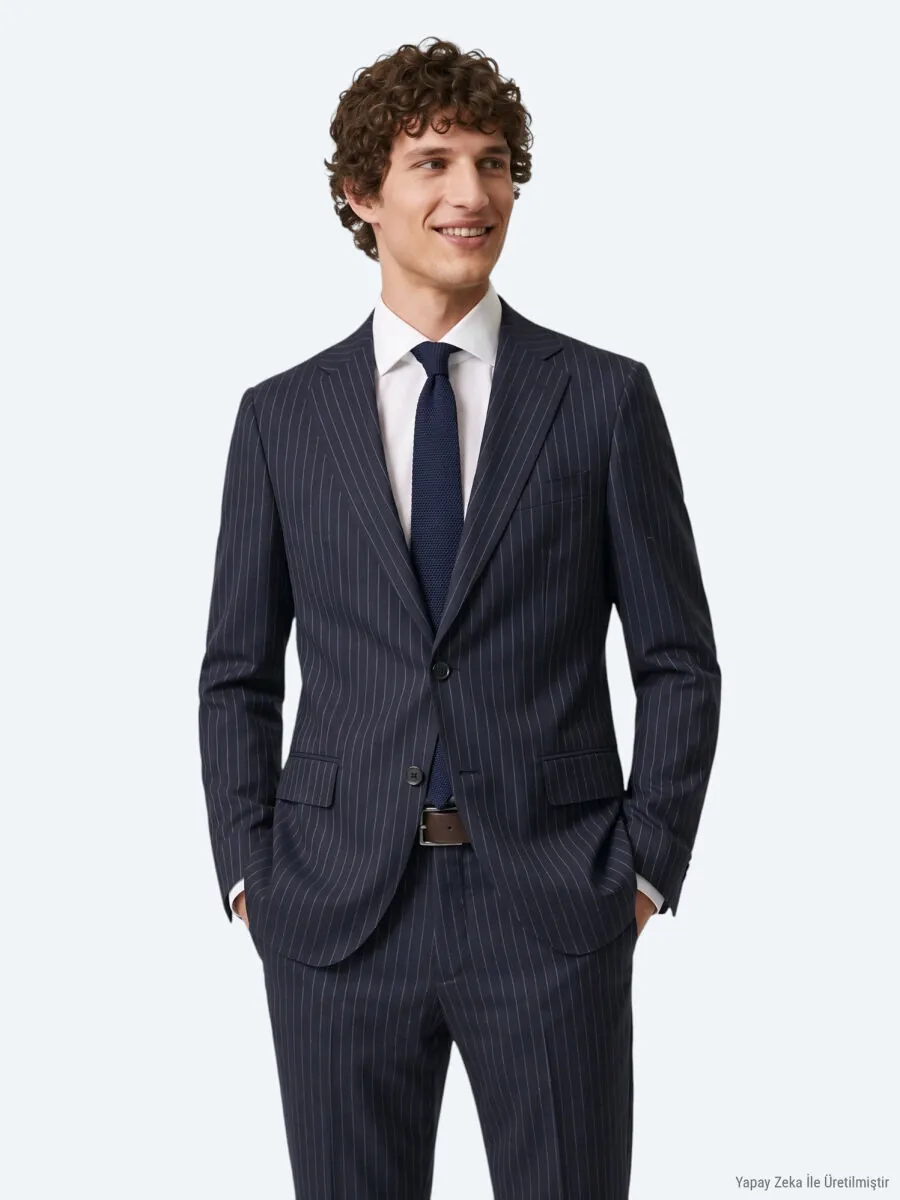 Lacivert Çizgili Modern Fit Yün Karışımlı Takım Elbise - 1