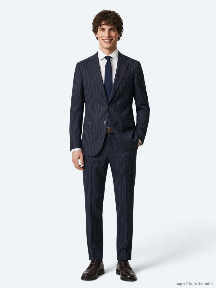 Lacivert Çizgili Modern Fit Yün Karışımlı Takım Elbise - 3