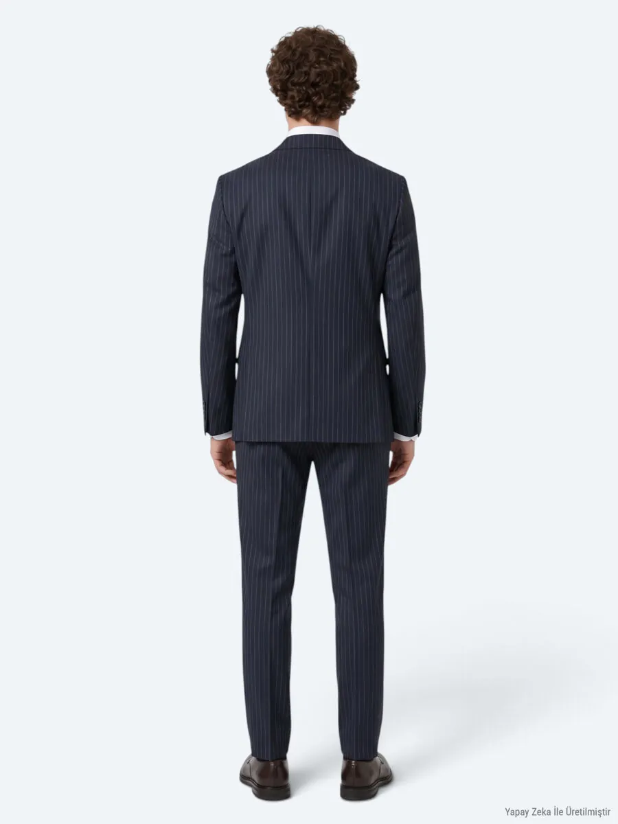 Lacivert Çizgili Modern Fit Yün Karışımlı Takım Elbise - 6