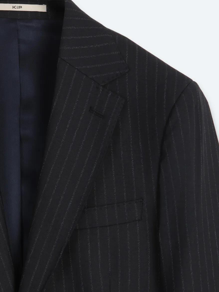 Lacivert Çizgili Modern Fit Yün Karışımlı Takım Elbise - 9