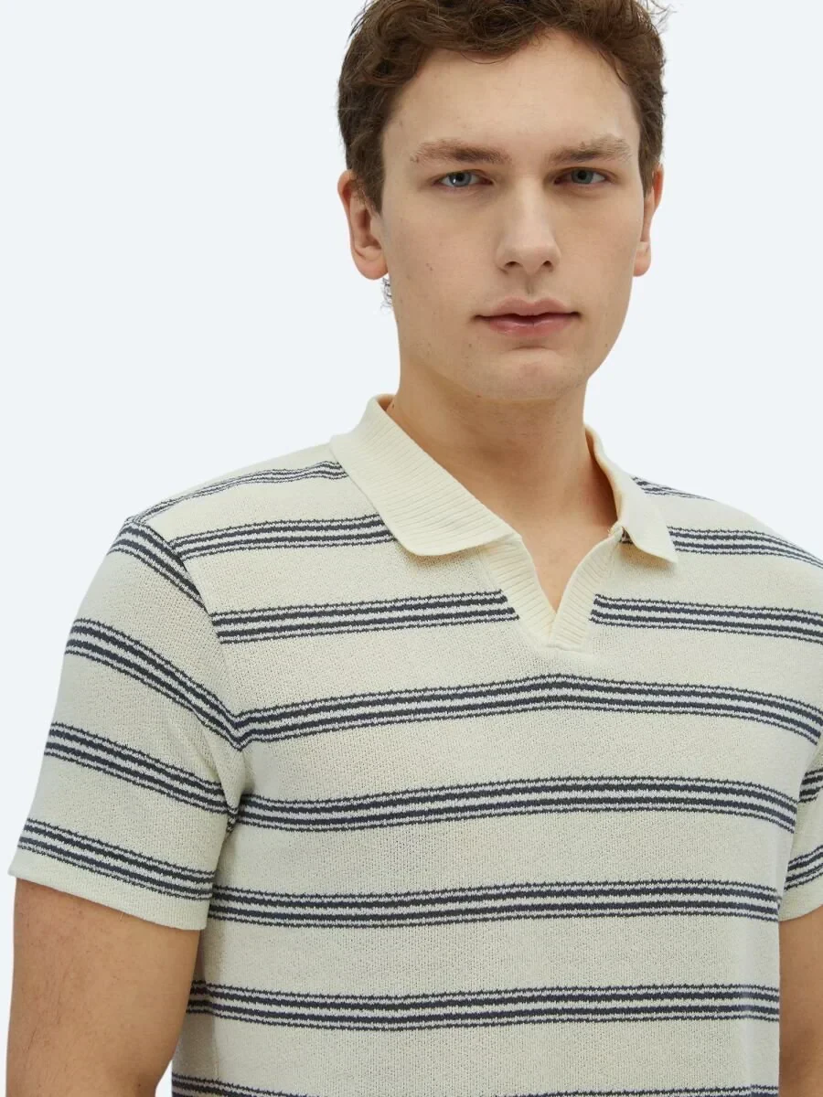 Lacivert Çizgili Polo Yaka Pamuk Karışımlı T-Shirt - 3