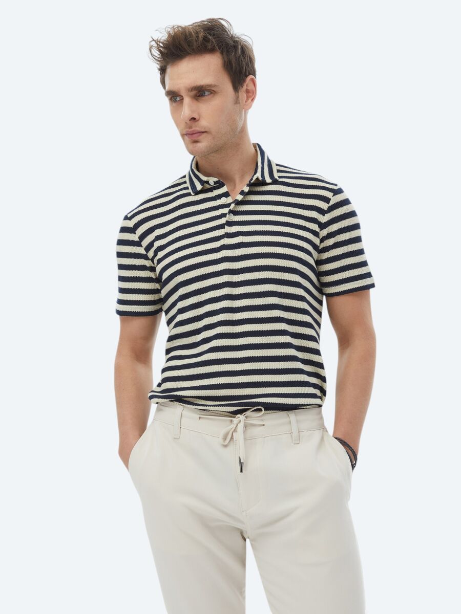 Lacivert Çizgili Polo Yaka T-Shirt - 1