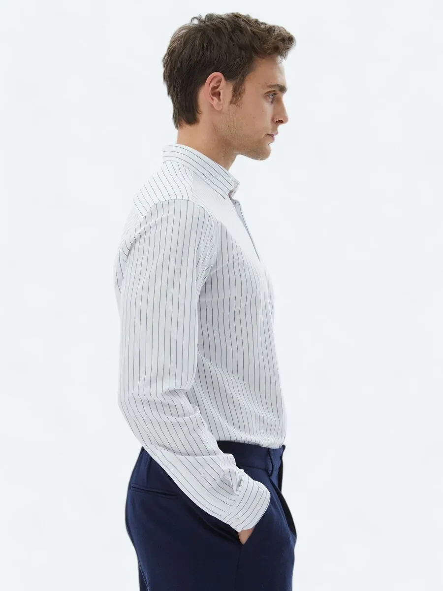 Lacivert Çizgili Regular Fit Casual Pamuk Karışımlı Gömlek - 4