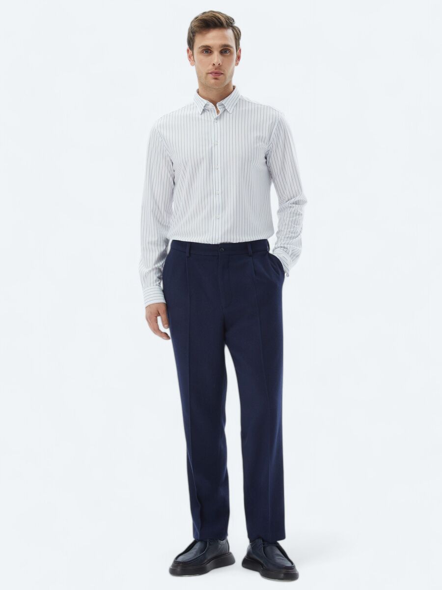 Lacivert Çizgili Regular Fit Casual Pamuk Karışımlı Gömlek - 2