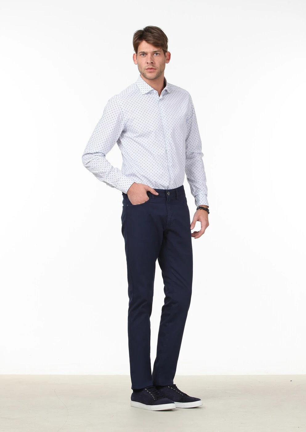 Lacivert Çizgili Regular Fit Dokuma Casual %100 Pamuk Gömlek - 1