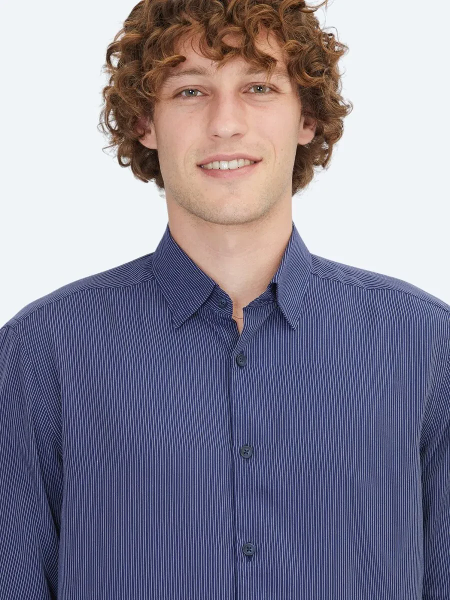 Lacivert Çizgili Regular Fit Dokuma Casual Gömlek - 3