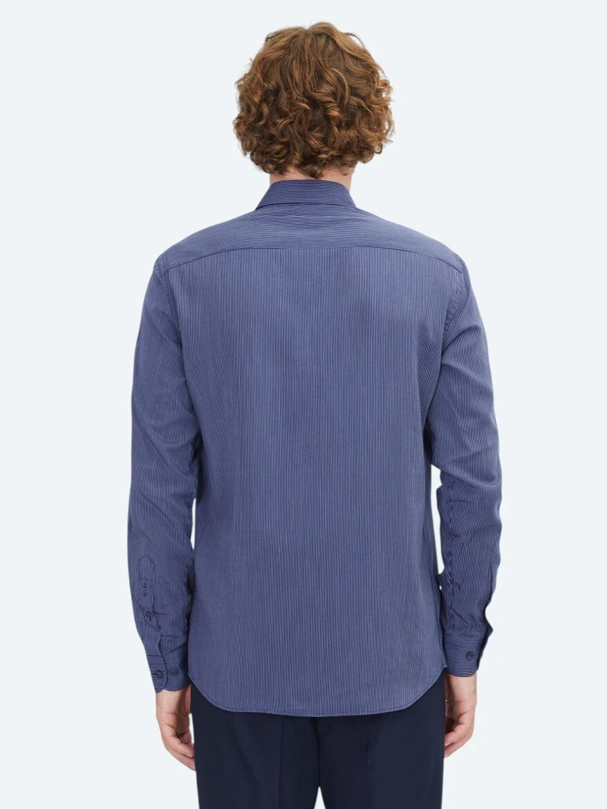 Lacivert Çizgili Regular Fit Dokuma Casual Gömlek - 6