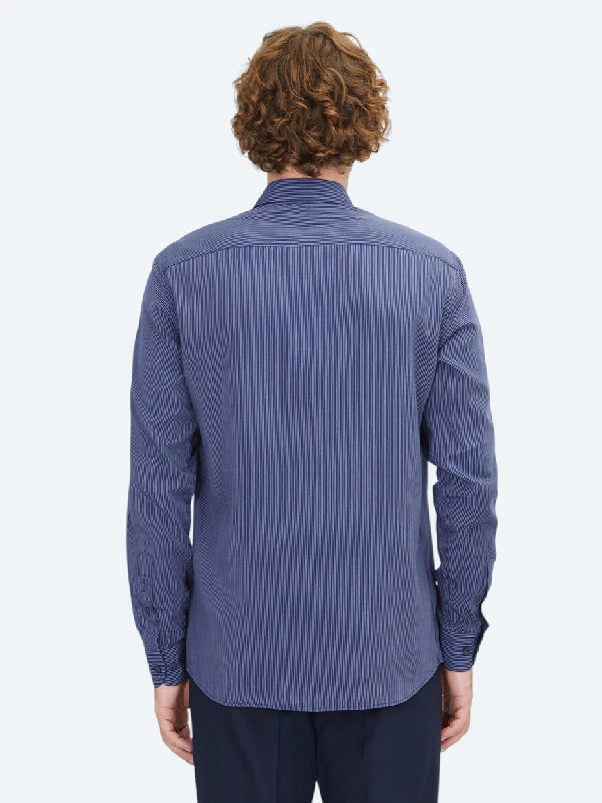 Lacivert Çizgili Regular Fit Dokuma Casual Gömlek - 6