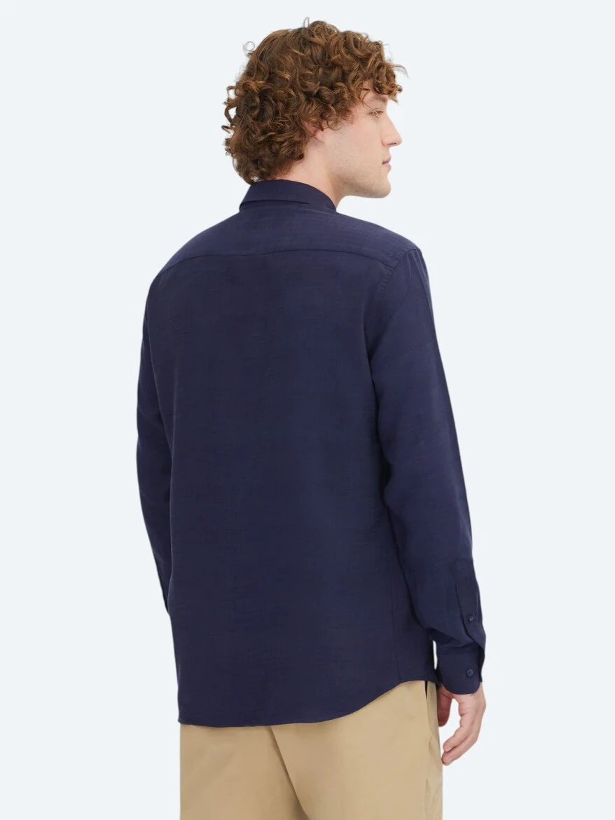 Lacivert Çizgili Regular Fit Dokuma Casual Gömlek - 5
