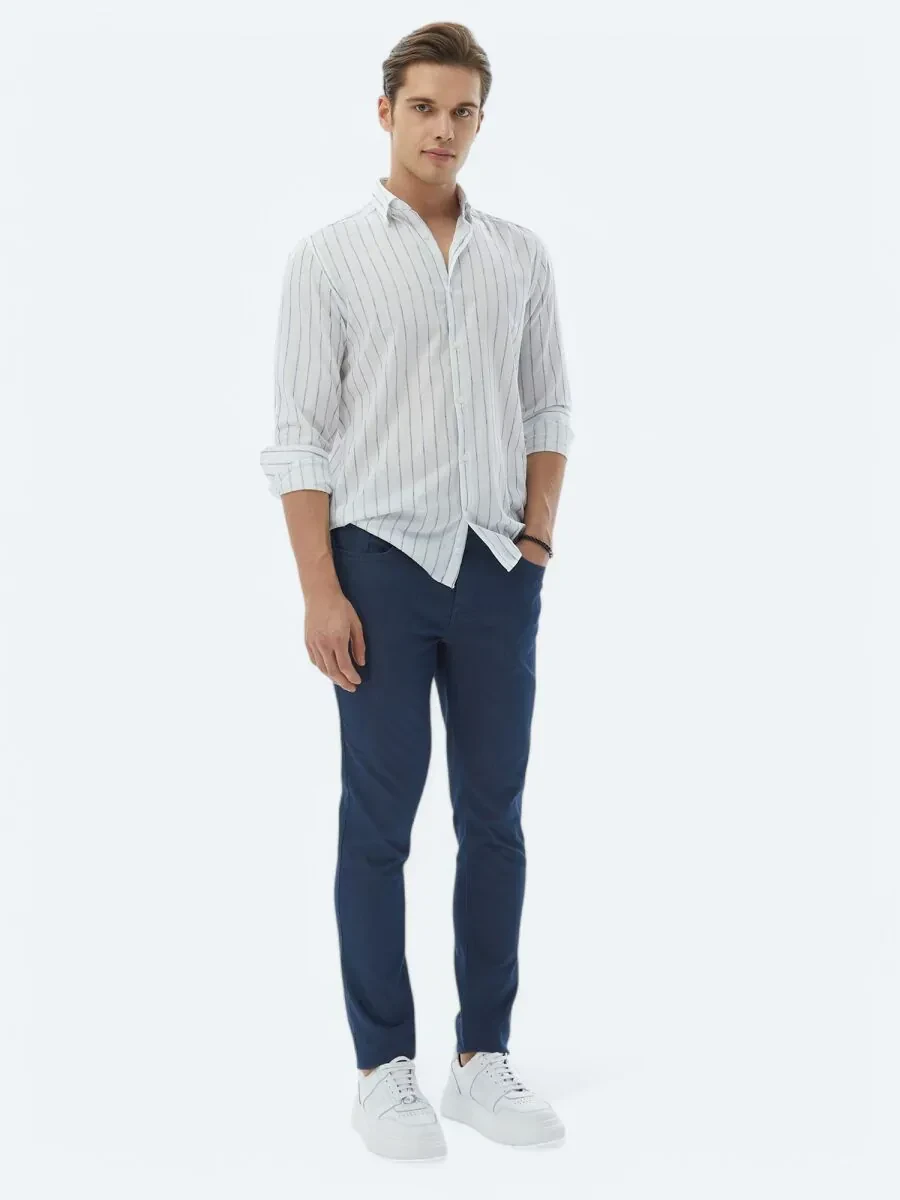 Lacivert Çizgili Regular Fit Dokuma Casual Pamuk Karışımlı Gömlek - 3