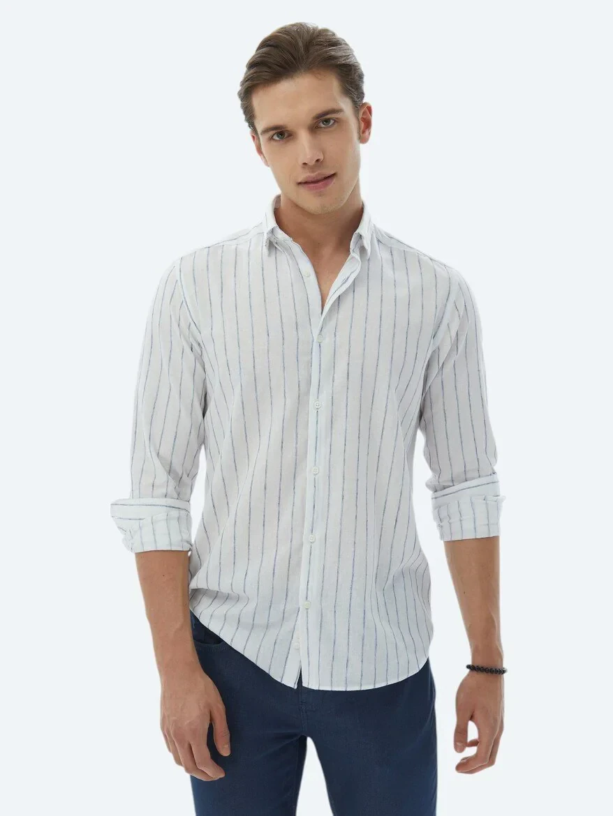 Lacivert Çizgili Regular Fit Dokuma Casual Pamuk Karışımlı Gömlek - 4
