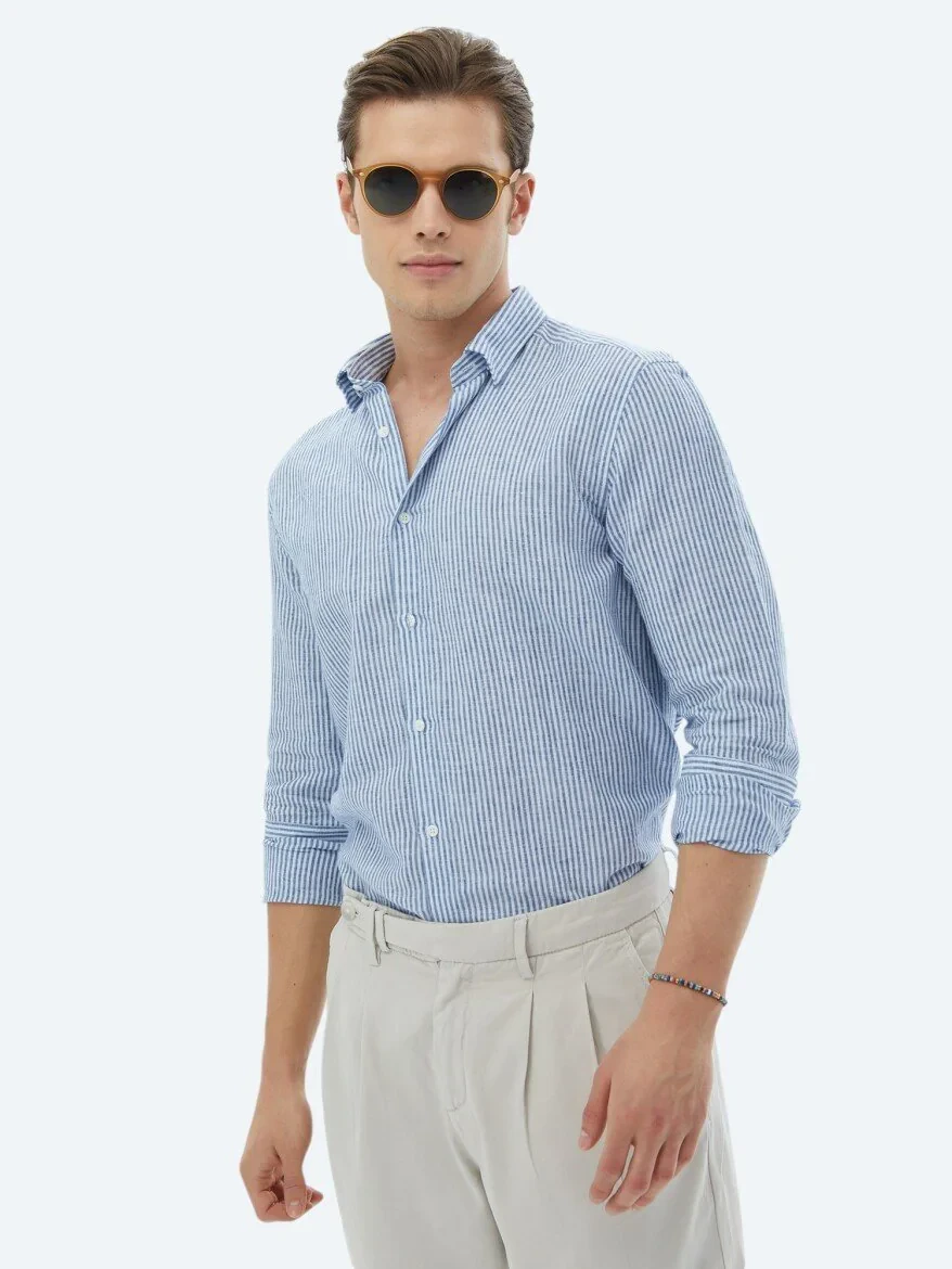 Lacivert Çizgili Regular Fit Dokuma Casual Pamuk Karışımlı Gömlek - 1
