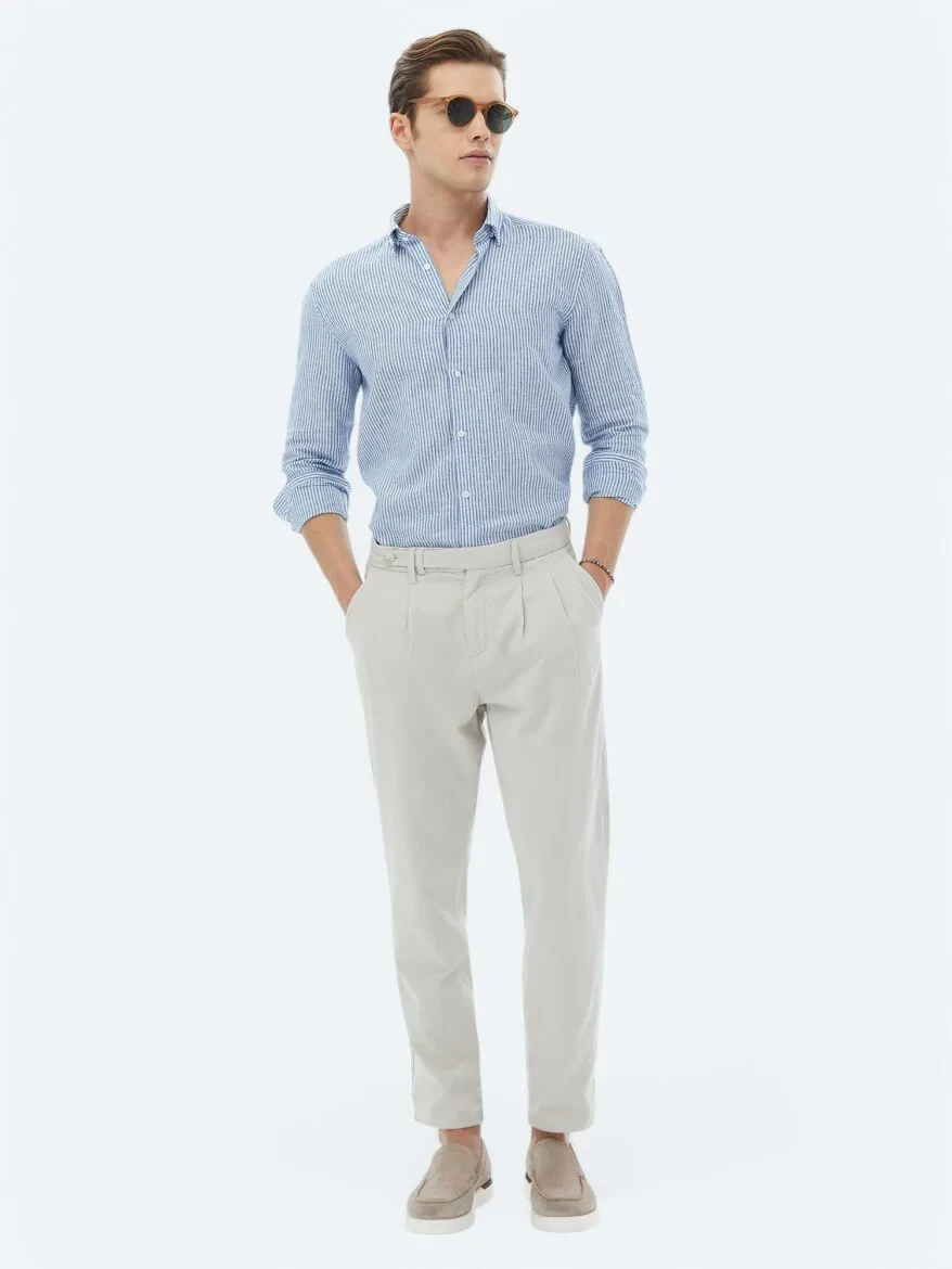 Lacivert Çizgili Regular Fit Dokuma Casual Pamuk Karışımlı Gömlek - 2