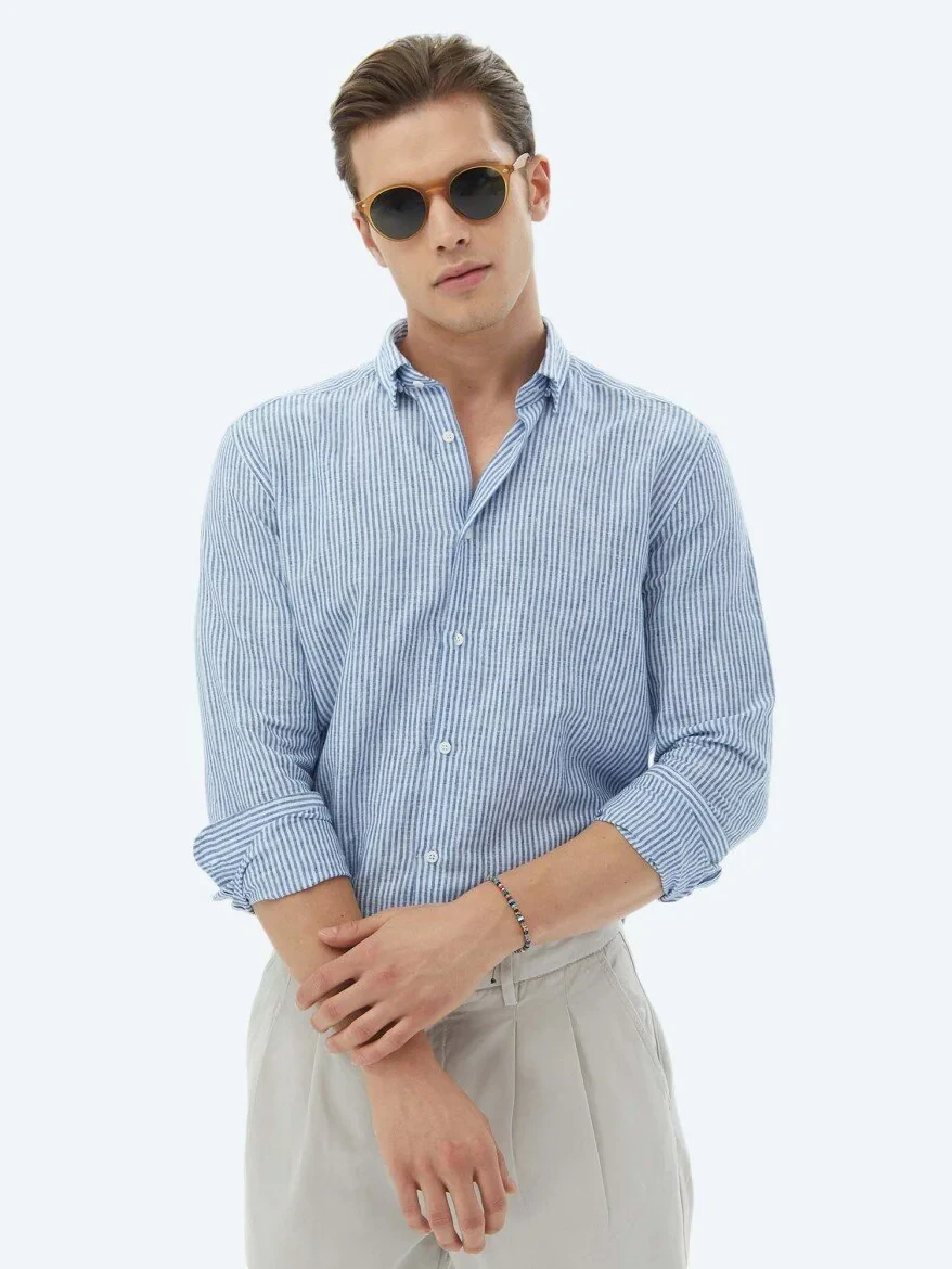 Lacivert Çizgili Regular Fit Dokuma Casual Pamuk Karışımlı Gömlek - 3