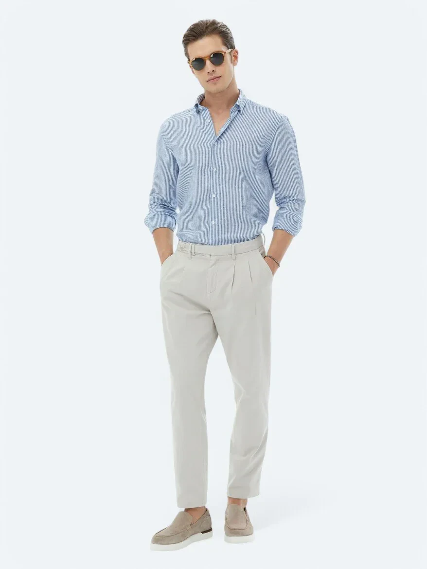 Lacivert Çizgili Regular Fit Dokuma Casual Pamuk Karışımlı Gömlek - 4