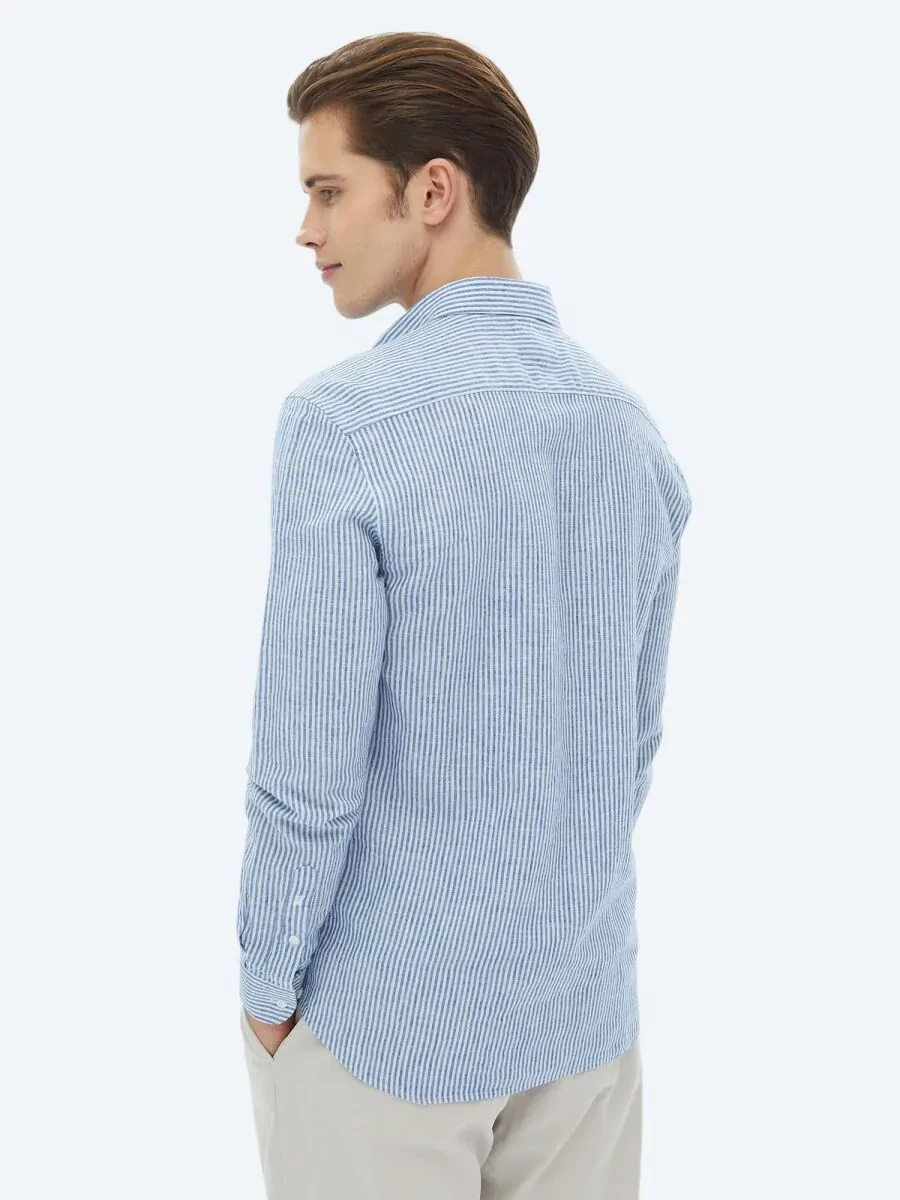Lacivert Çizgili Regular Fit Dokuma Casual Pamuk Karışımlı Gömlek - 9