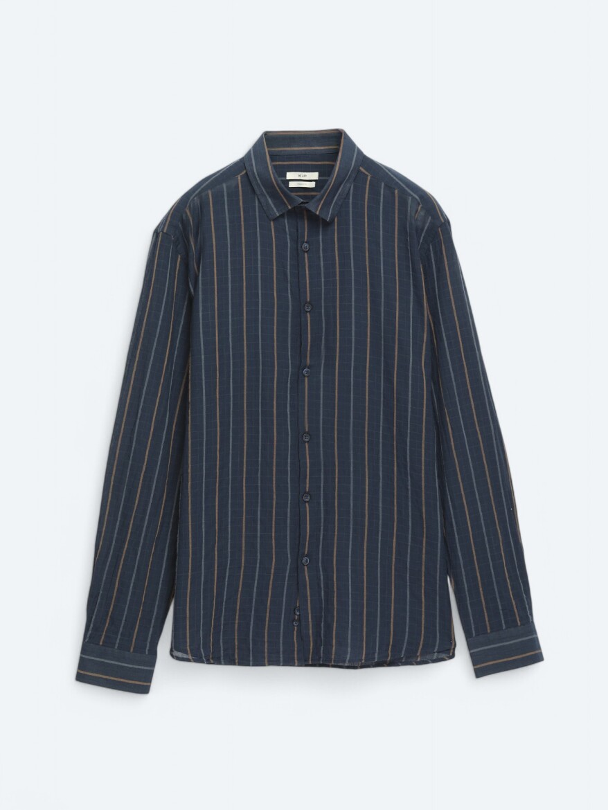 Lacivert Çizgili Regular Fit Dokuma Casual Pamuk Karışımlı Gömlek - 6
