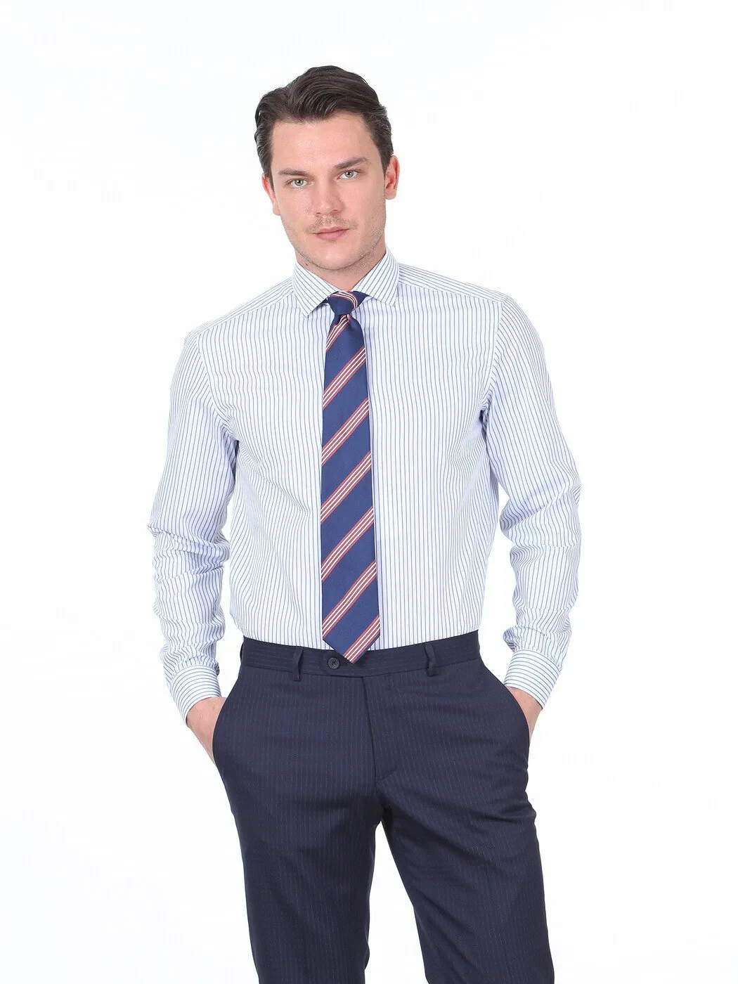 Lacivert Çizgili Regular Fit Dokuma Klasik %100 Pamuk Gömlek - 1